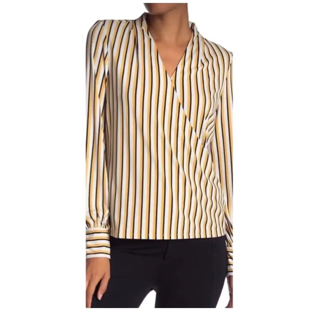 Adrianna Papell Whire, Yellow and Black Stripe Faux Wrap Top M